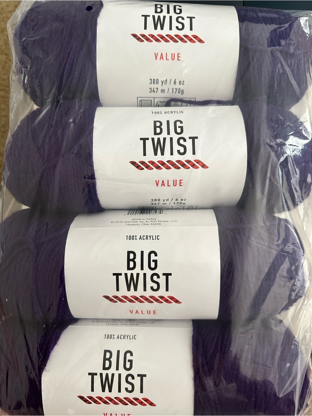 Big Twist Value Acrylic Yarn Grape Color - 4 Skeins Same Dye Lot